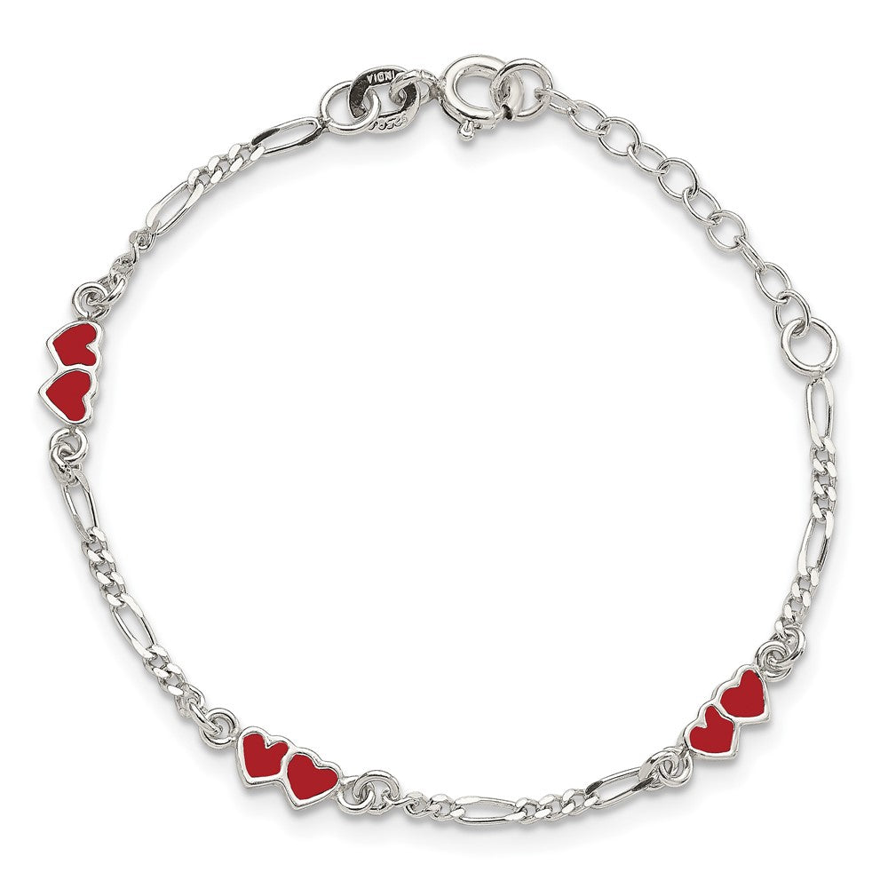 Sterling Silver Enameled Double Heart w/ 1in ext Children's Bracelet