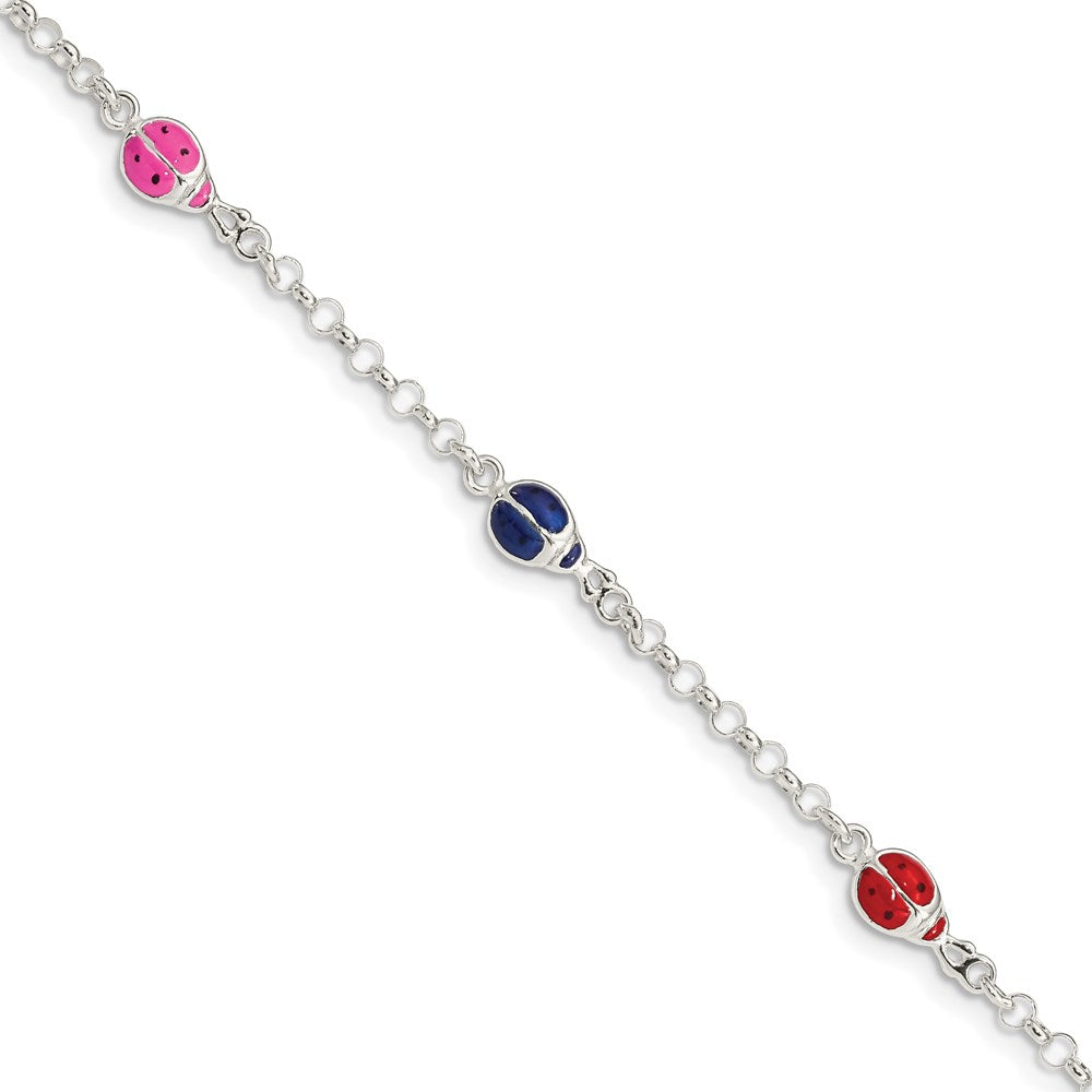 Sterling Silver Multi-color Enamel Ladybugs w/ ext. Children's Bracelet