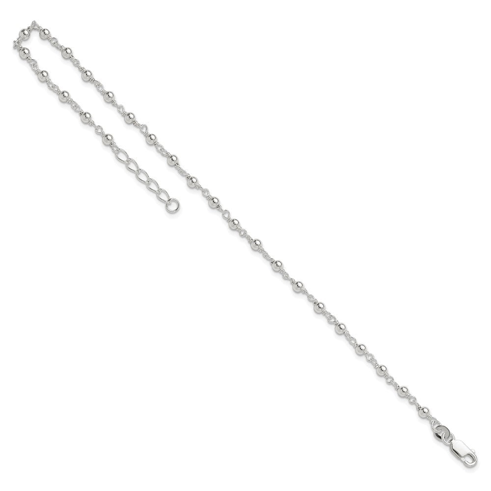 Sterling Silver Fancy Bead 9 inch Plus1 inch Extension Anklet