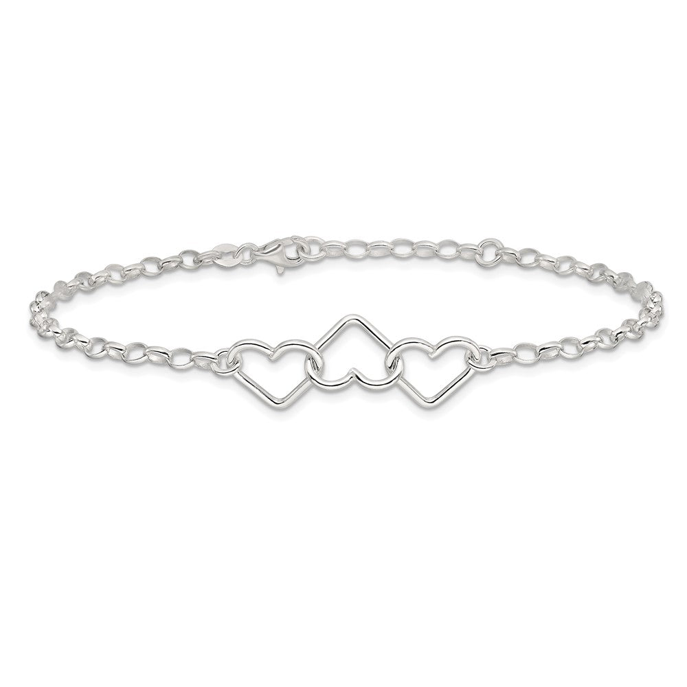 Sterling Silver 8 in Plus 1in Ext Interlocking Hearts Rolo Chain Anklet