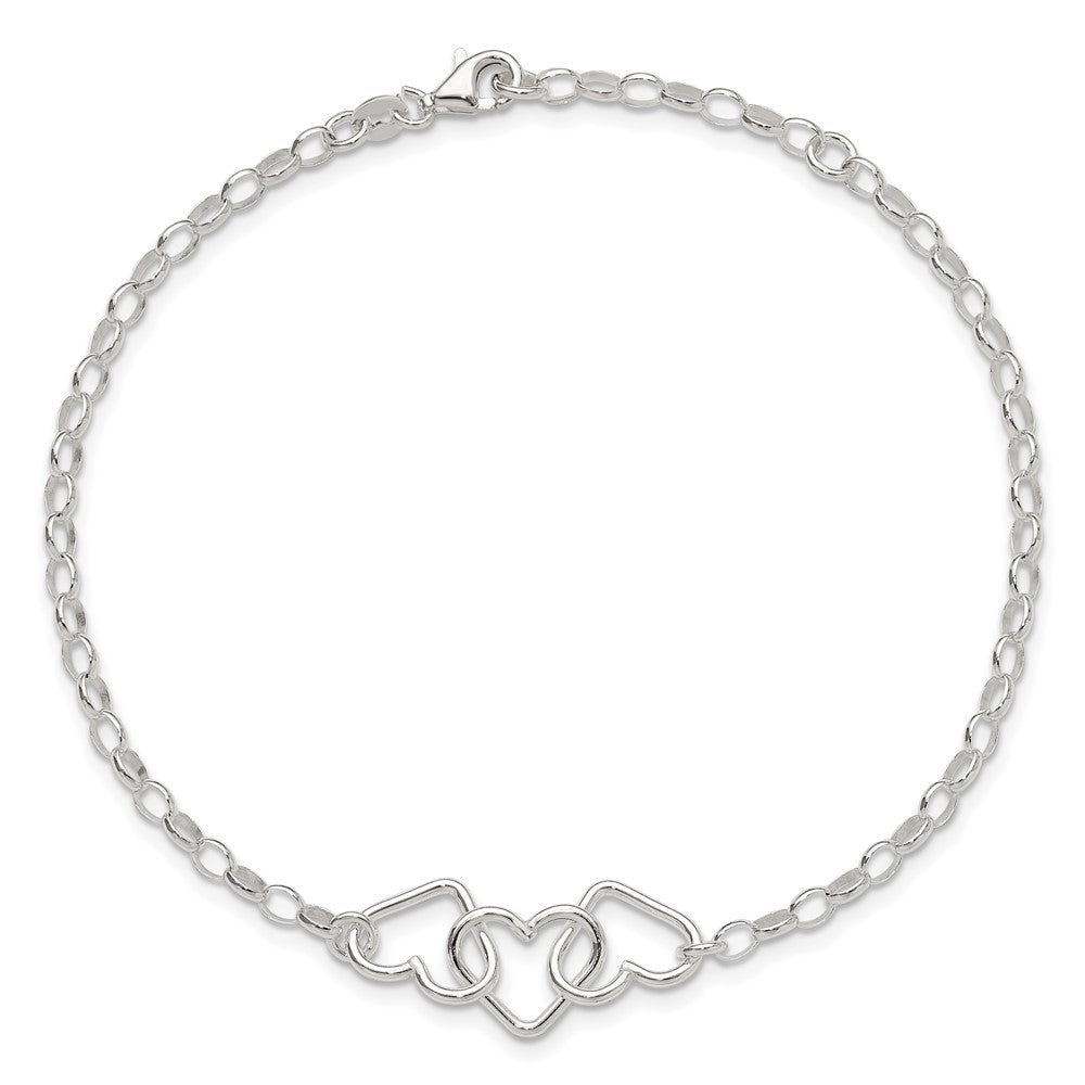 Sterling Silver 8 in Plus 1in Ext Interlocking Hearts Rolo Chain Anklet
