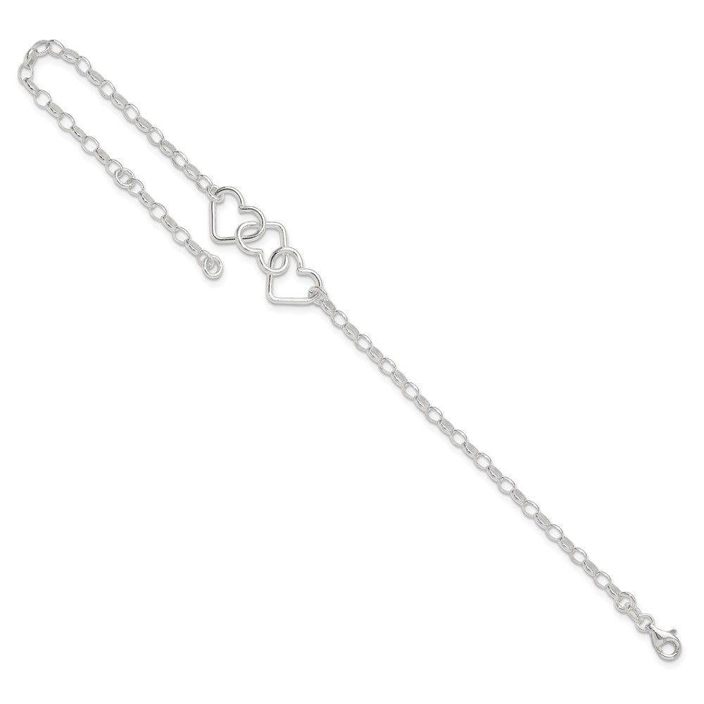 Sterling Silver 8 in Plus 1in Ext Interlocking Hearts Rolo Chain Anklet