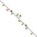 Sterling Silver 9in Pink Crystal Green Quartz Peridot Beads Anklet