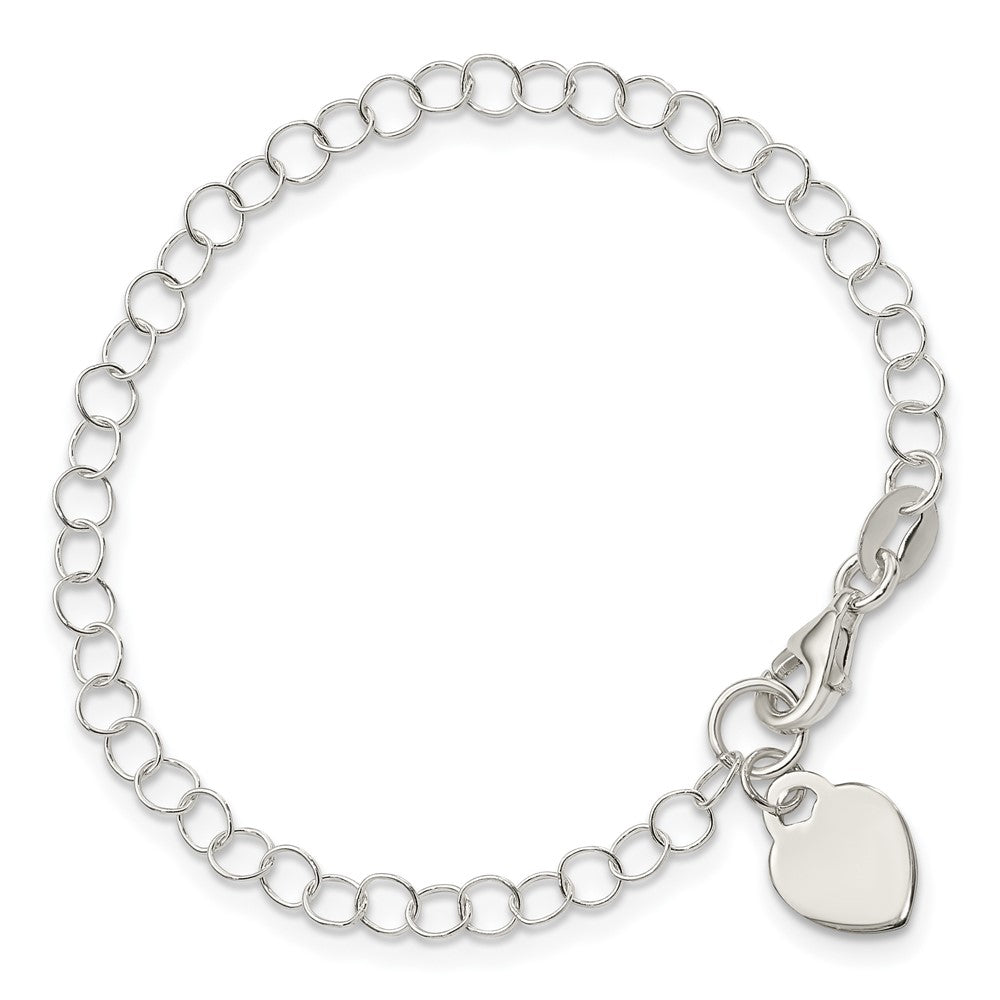 Sterling Silver Round Link with Heart Dangle Charm Bracelet