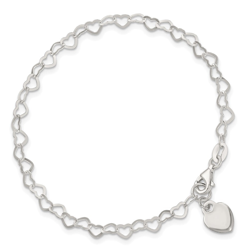 Sterling Silver Fancy Heart Link with Heart Dangle Charm Bracelet