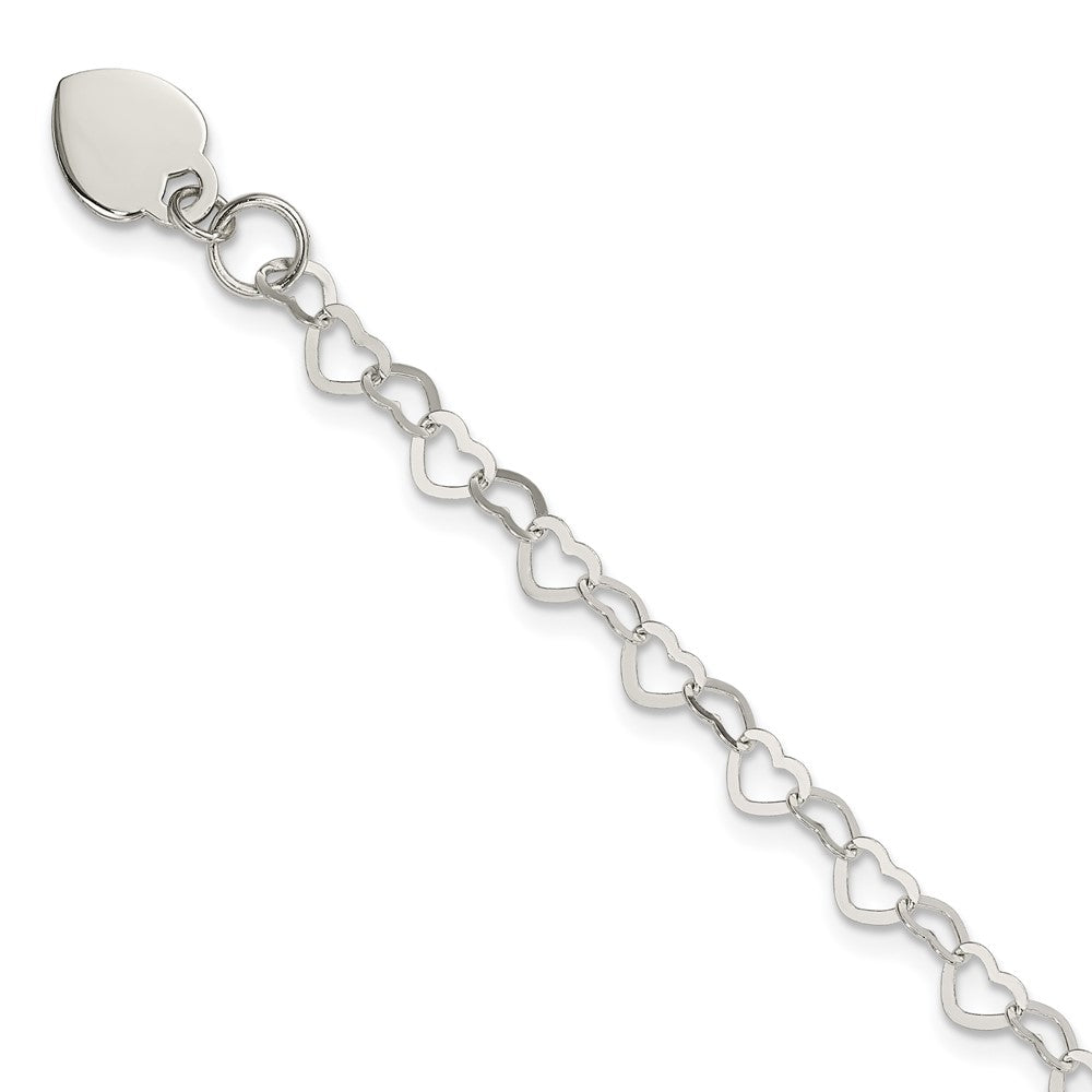 Sterling Silver Fancy Heart Link with Heart Dangle Charm Bracelet