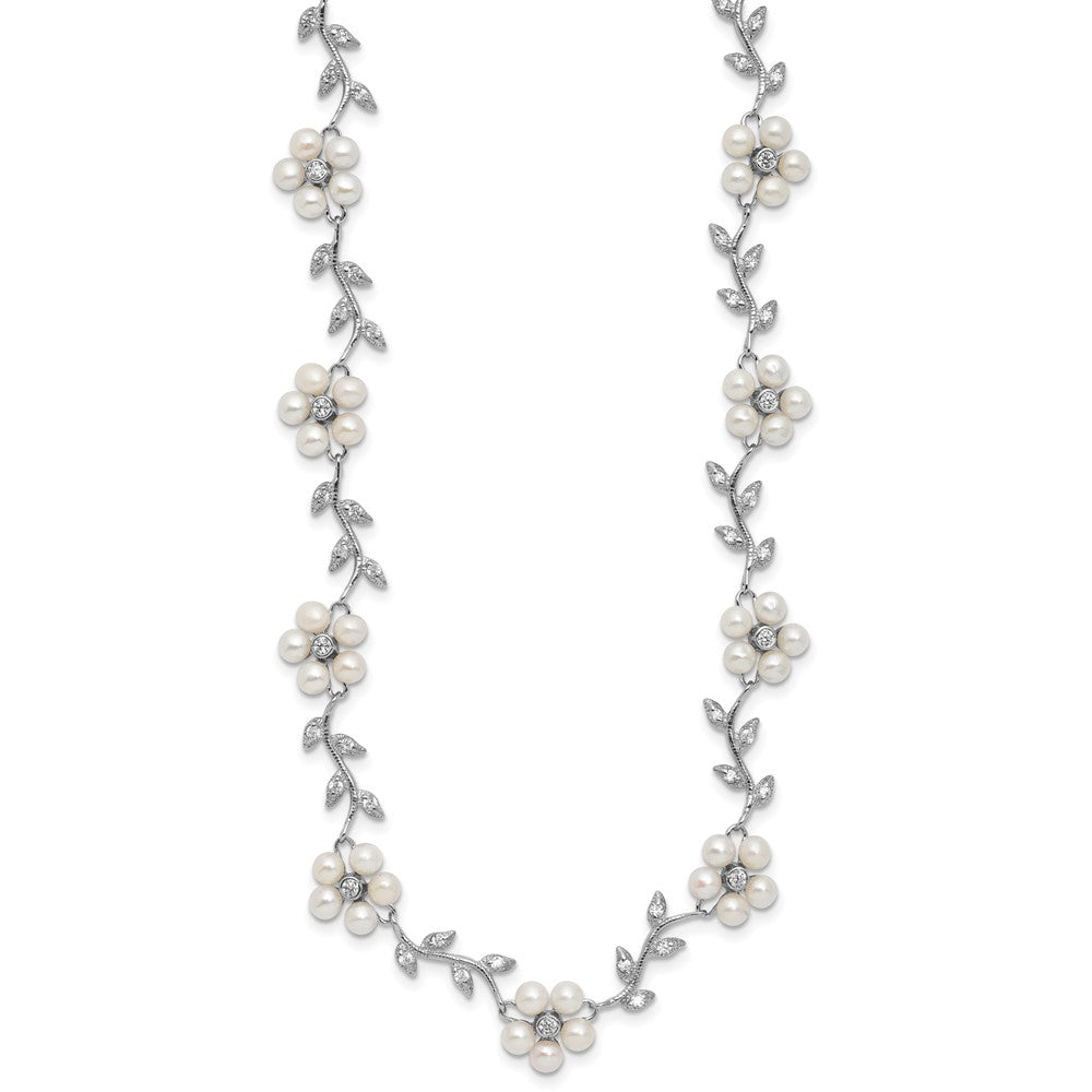 Sterling Silver Rhodium-plated FW Cultured Pearl and CZ Floral Necklace