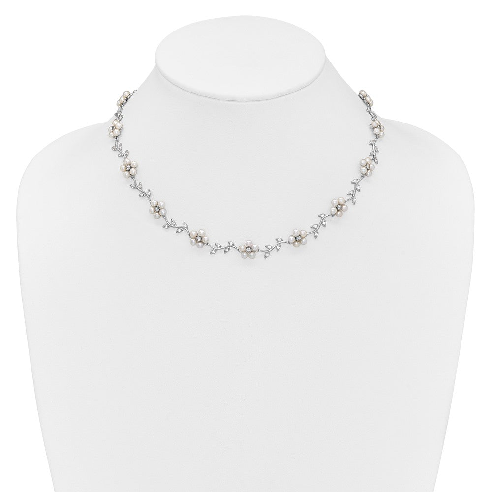 Sterling Silver Rhodium-plated FW Cultured Pearl and CZ Floral Necklace