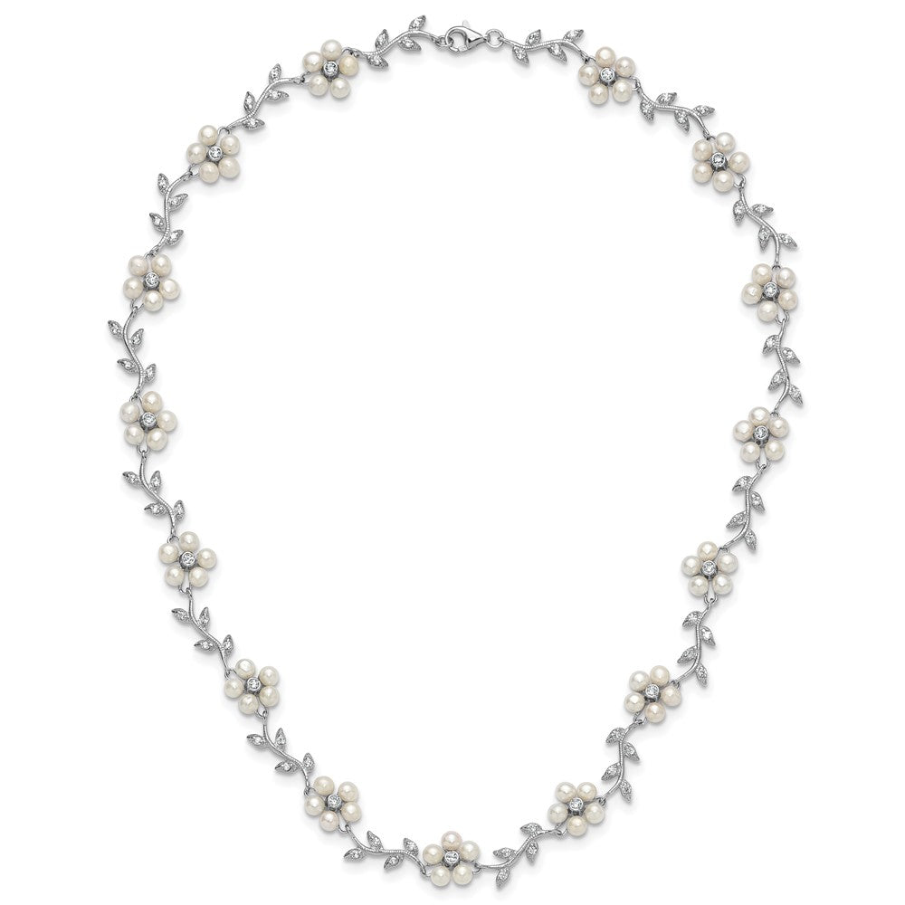 Sterling Silver Rhodium-plated FW Cultured Pearl and CZ Floral Necklace
