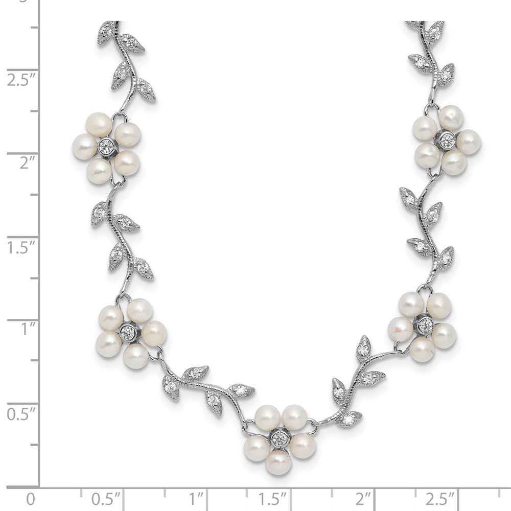 Sterling Silver Rhodium-plated FW Cultured Pearl and CZ Floral Necklace