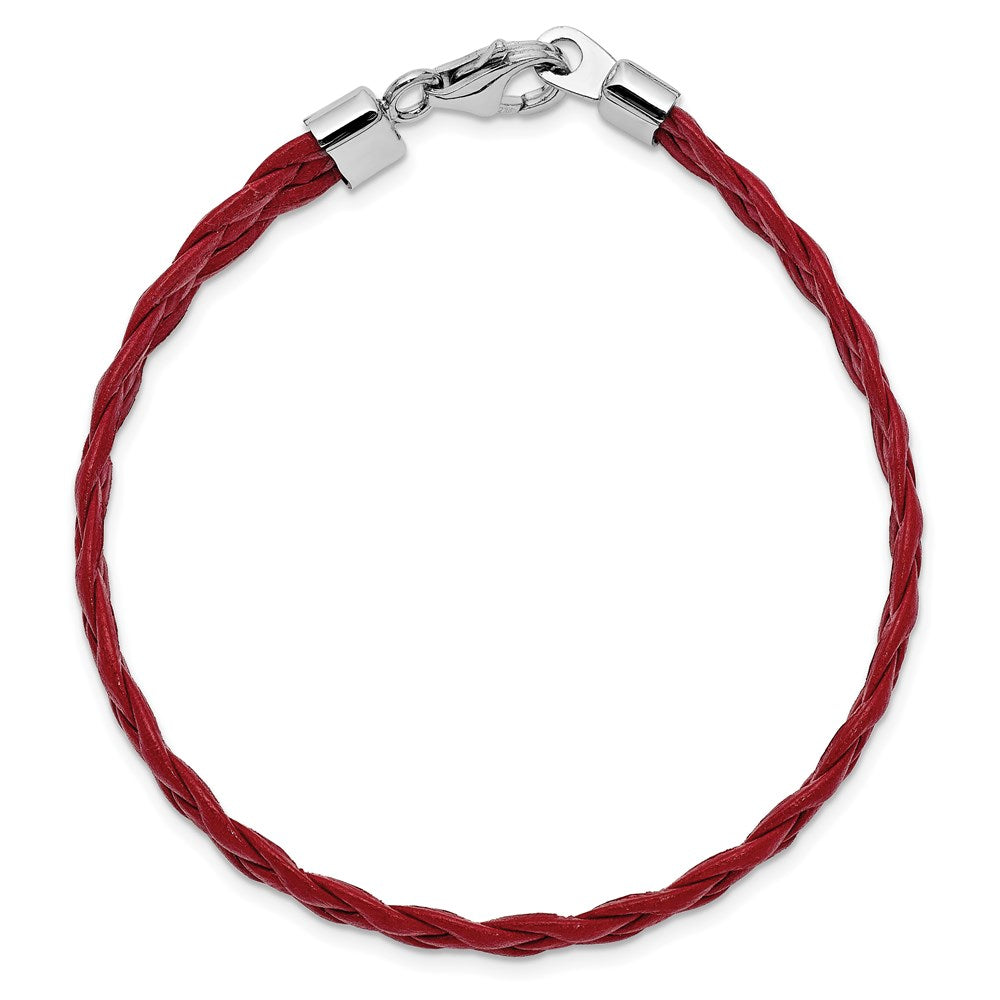 Sterling Silver Rhodium Plated Red Braided Leather 7in Bracelet