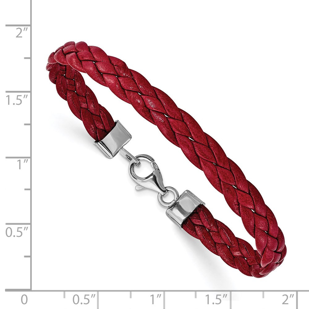 Sterling Silver Rhodium Plated Red Braided Leather 7in Bracelet