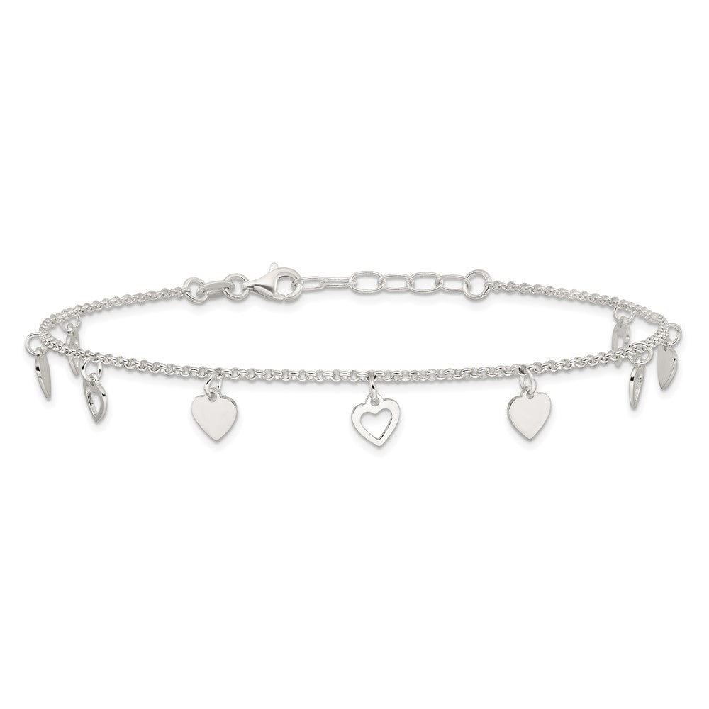 Sterling Silver Polished Hearts Plus Ext. Anklet