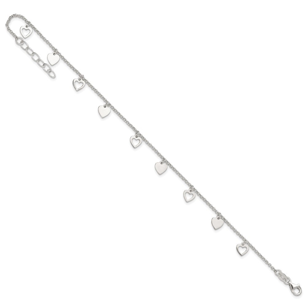 Sterling Silver Polished Hearts Plus Ext. Anklet