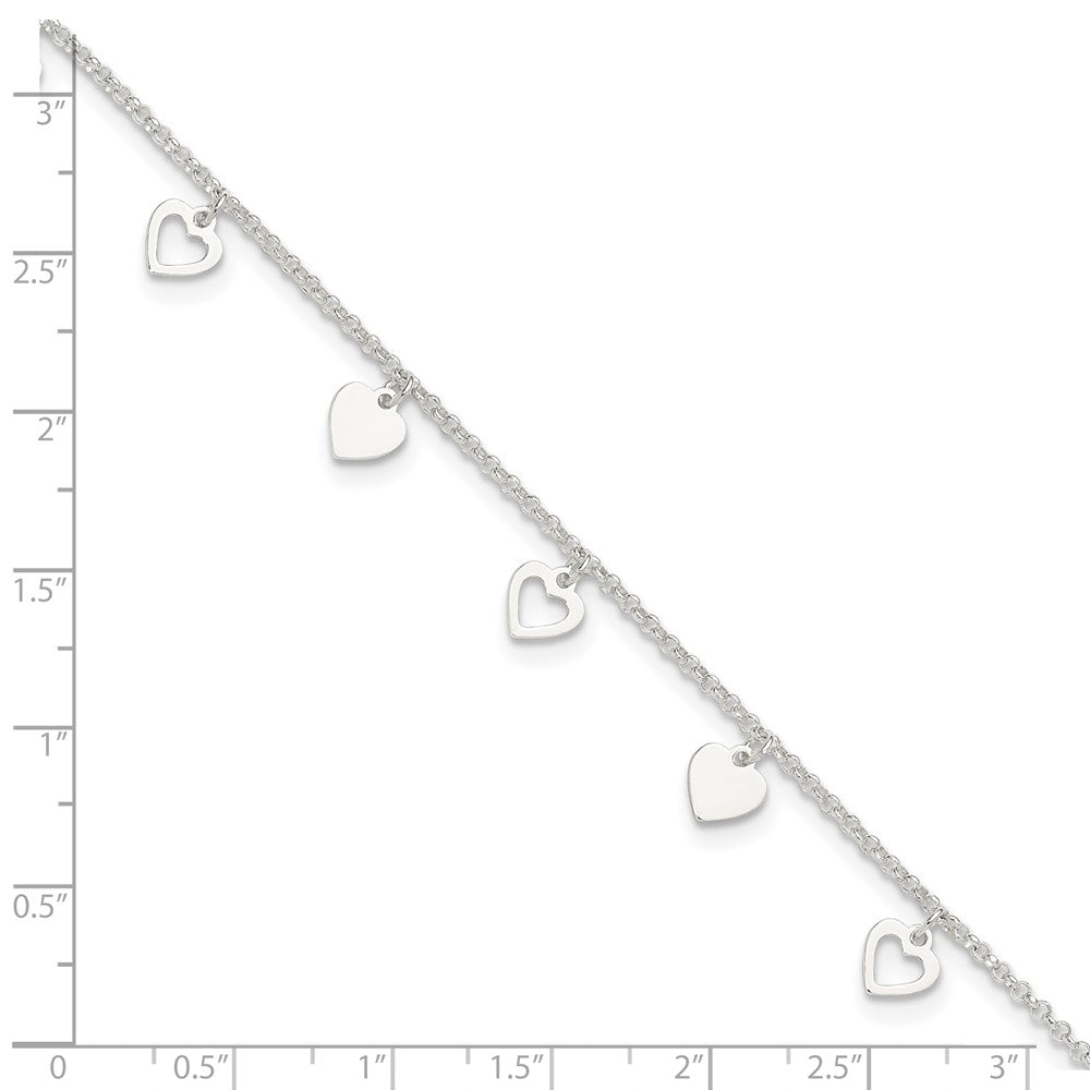 Sterling Silver Polished Hearts Plus Ext. Anklet