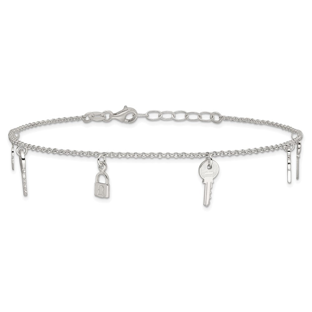 Sterling Silver Polished Lock and Key Plus Ext. Anklet