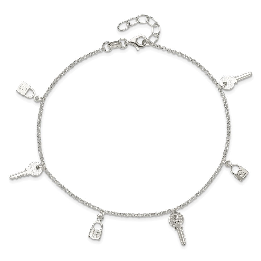 Sterling Silver Polished Lock and Key Plus Ext. Anklet