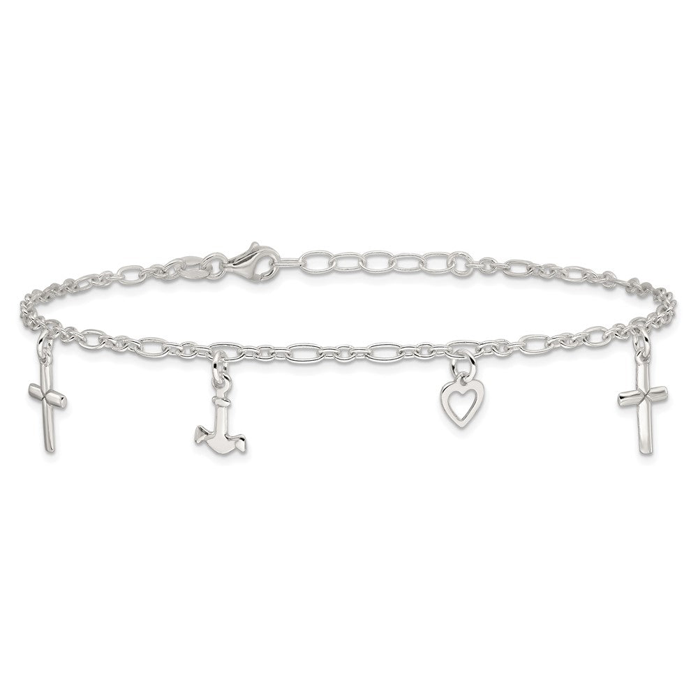 Sterling Silver Cross Heart and Anchor Plus ext Anklet