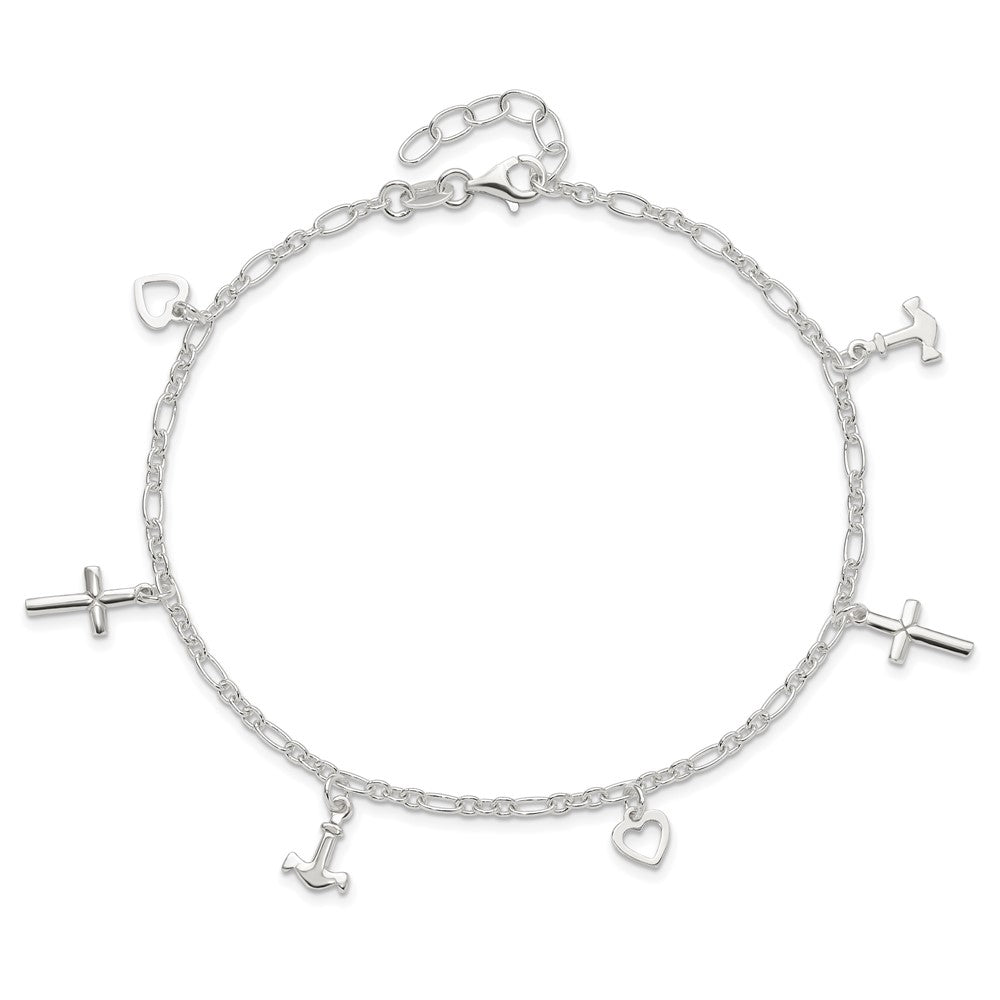 Sterling Silver Cross Heart and Anchor Plus ext Anklet