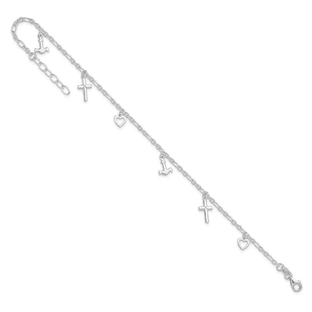 Sterling Silver Cross Heart and Anchor Plus ext Anklet