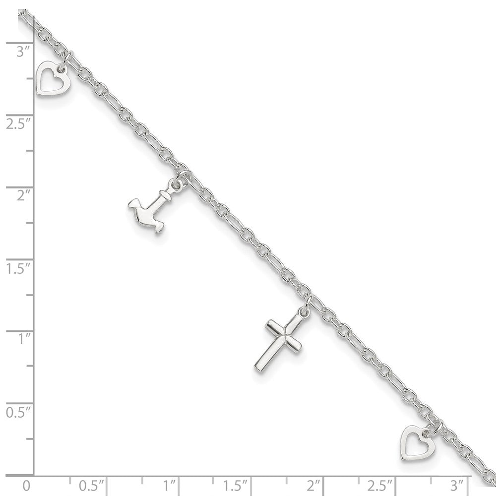Sterling Silver Cross Heart and Anchor Plus ext Anklet
