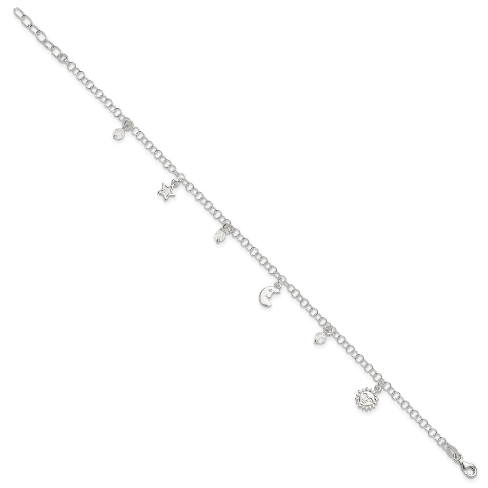 Sterling Silver Sun Moon Stars and Crystals Plus ext. Anklet