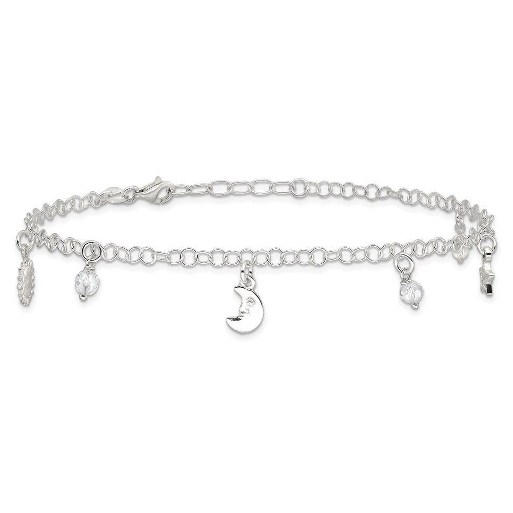 Sterling Silver Sun Moon Stars and Crystals Plus ext. Anklet