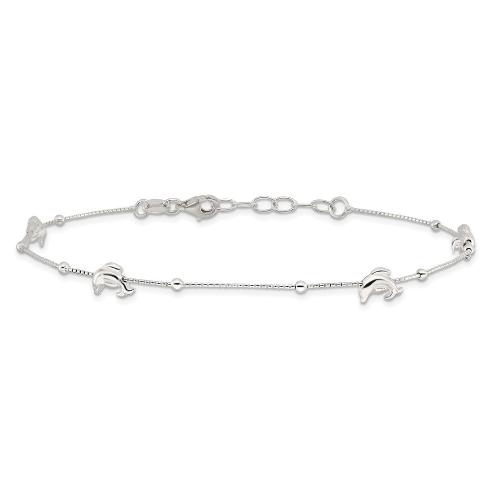 Sterling Silver Polished Dolphin9in Plus Ext. Anklet