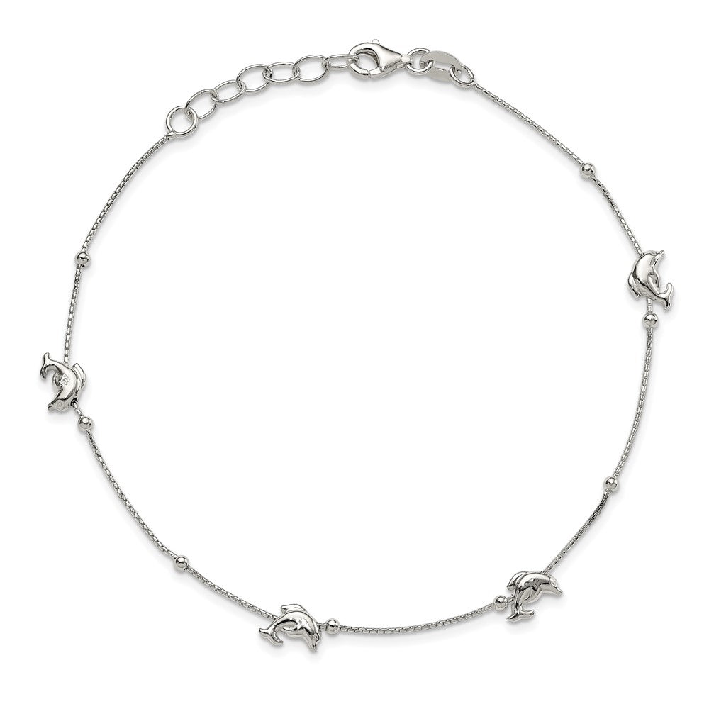 Sterling Silver Polished Dolphin9in Plus Ext. Anklet