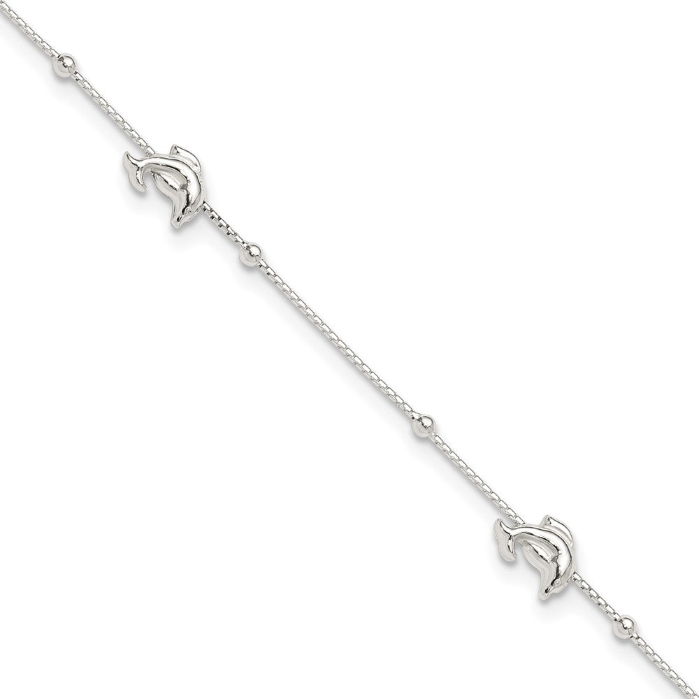 Sterling Silver Polished Dolphin9in Plus Ext. Anklet