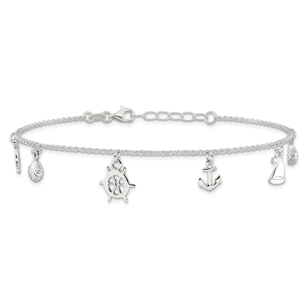 Sterling Silver Polished Ocean Theme Plus Ext. Anklet