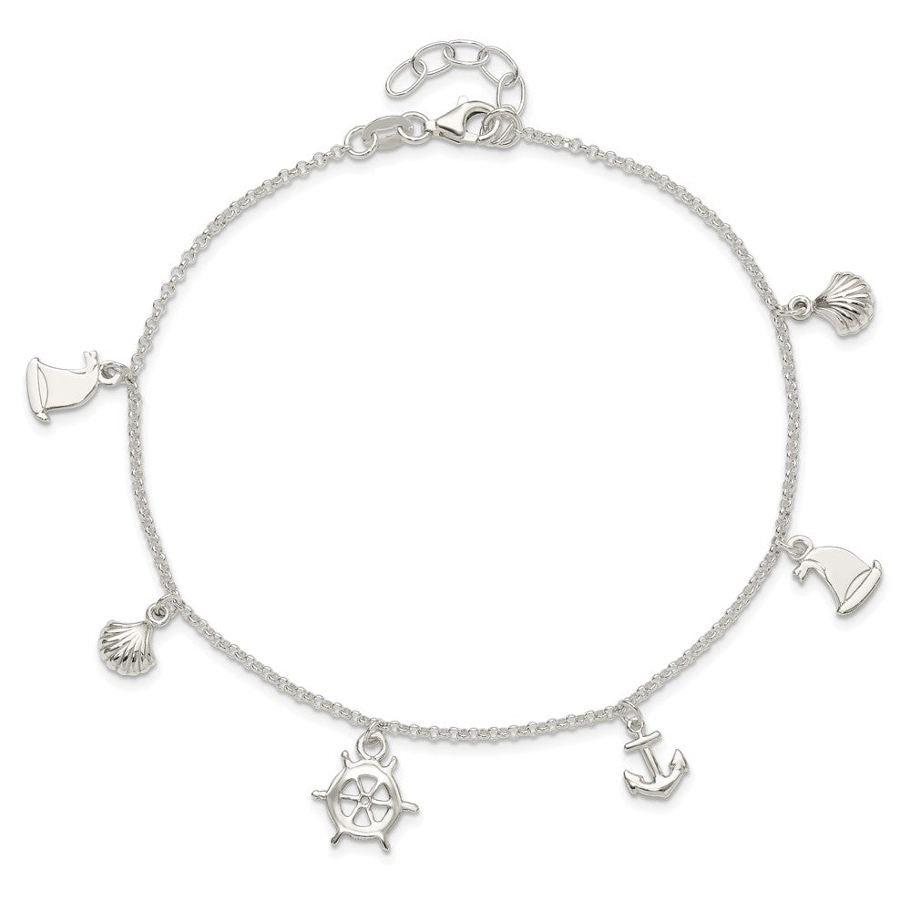 Sterling Silver Polished Ocean Theme Plus Ext. Anklet