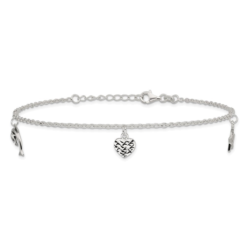Sterling Silver Polished Heart, Star and Dolphin Plus Ext. Anklet