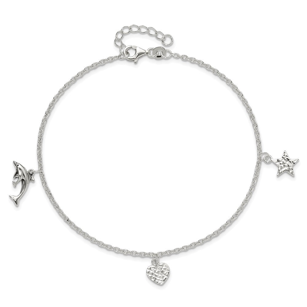 Sterling Silver Polished Heart, Star and Dolphin Plus Ext. Anklet