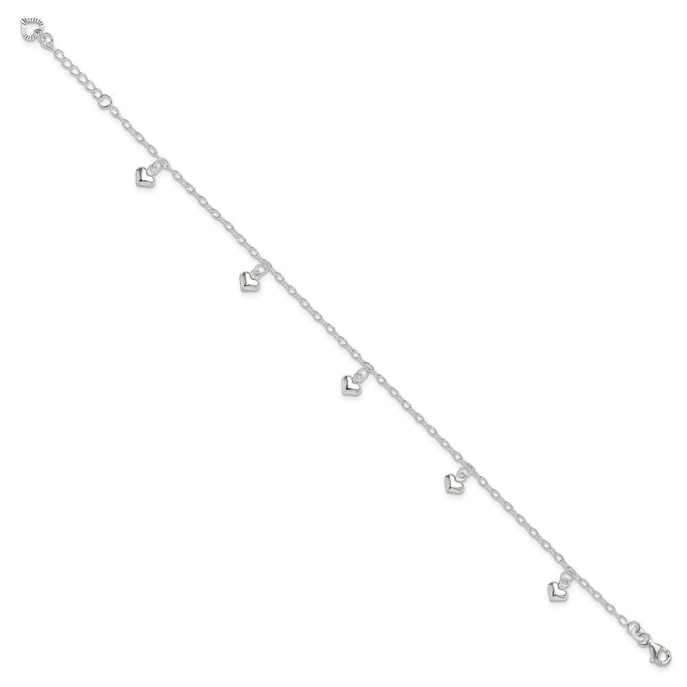 Sterling Silver Polished Puffed Heart Plus1in Ext Anklet