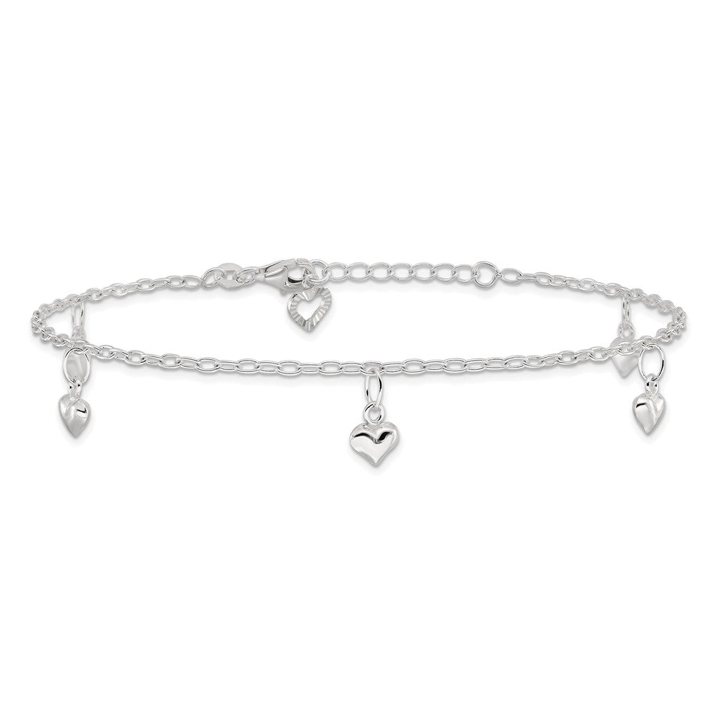 Sterling Silver Polished Puffed Heart Plus1in Ext Anklet