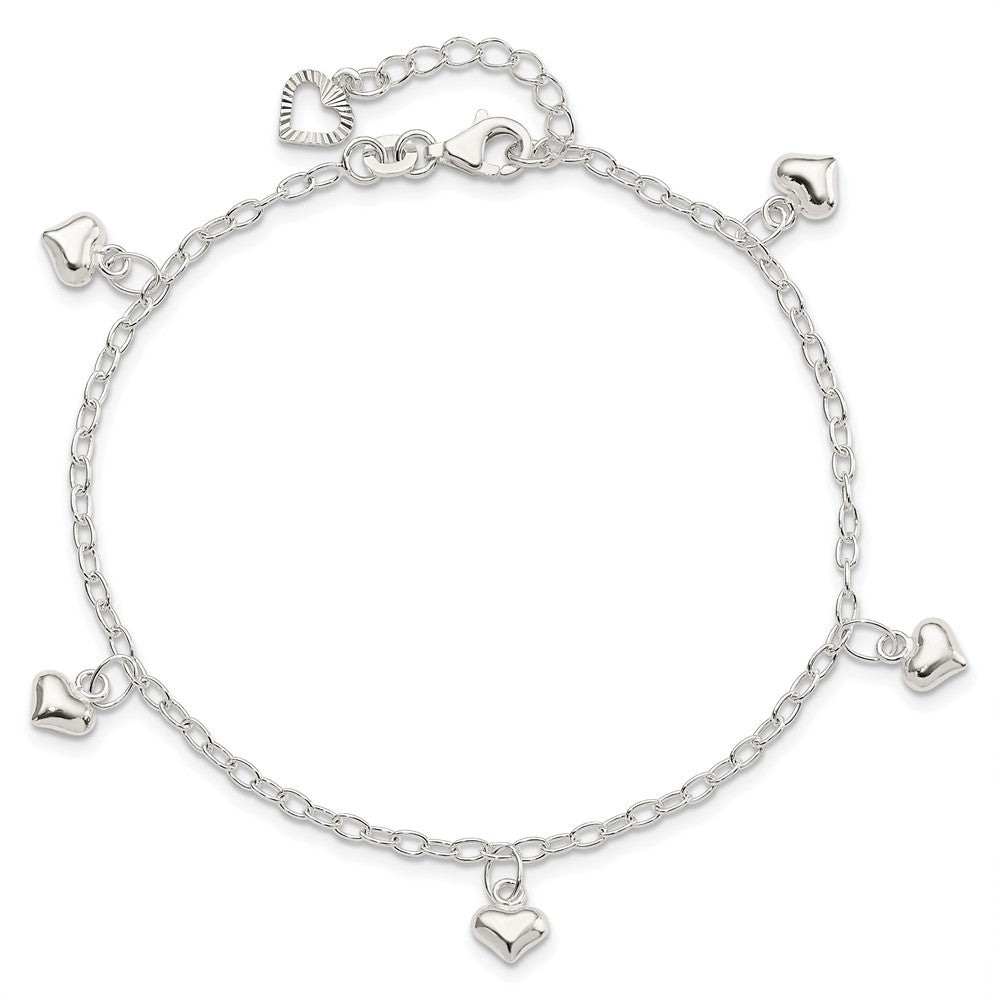 Sterling Silver Polished Puffed Heart Plus1in Ext Anklet