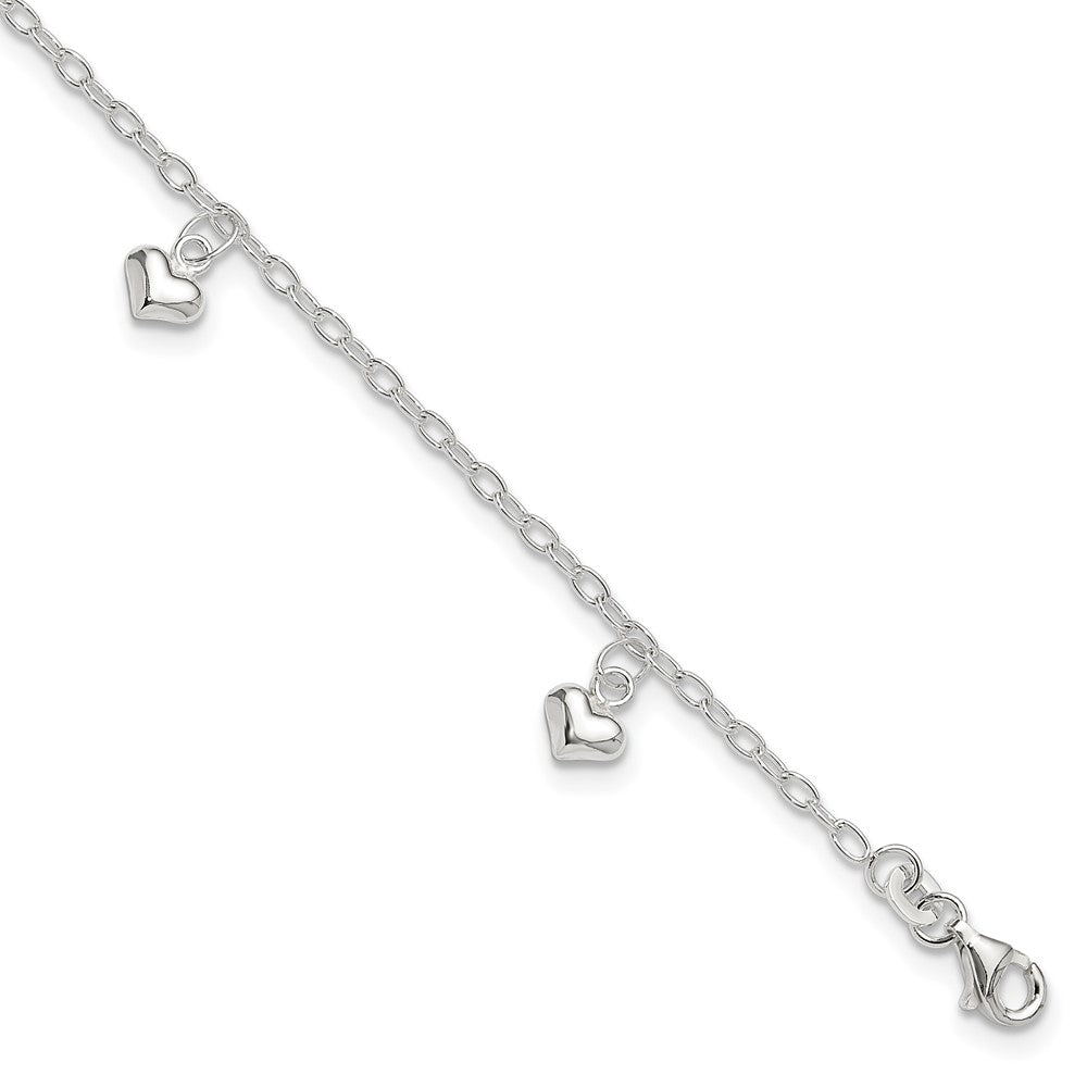 Sterling Silver Polished Puffed Heart Plus1in Ext Anklet