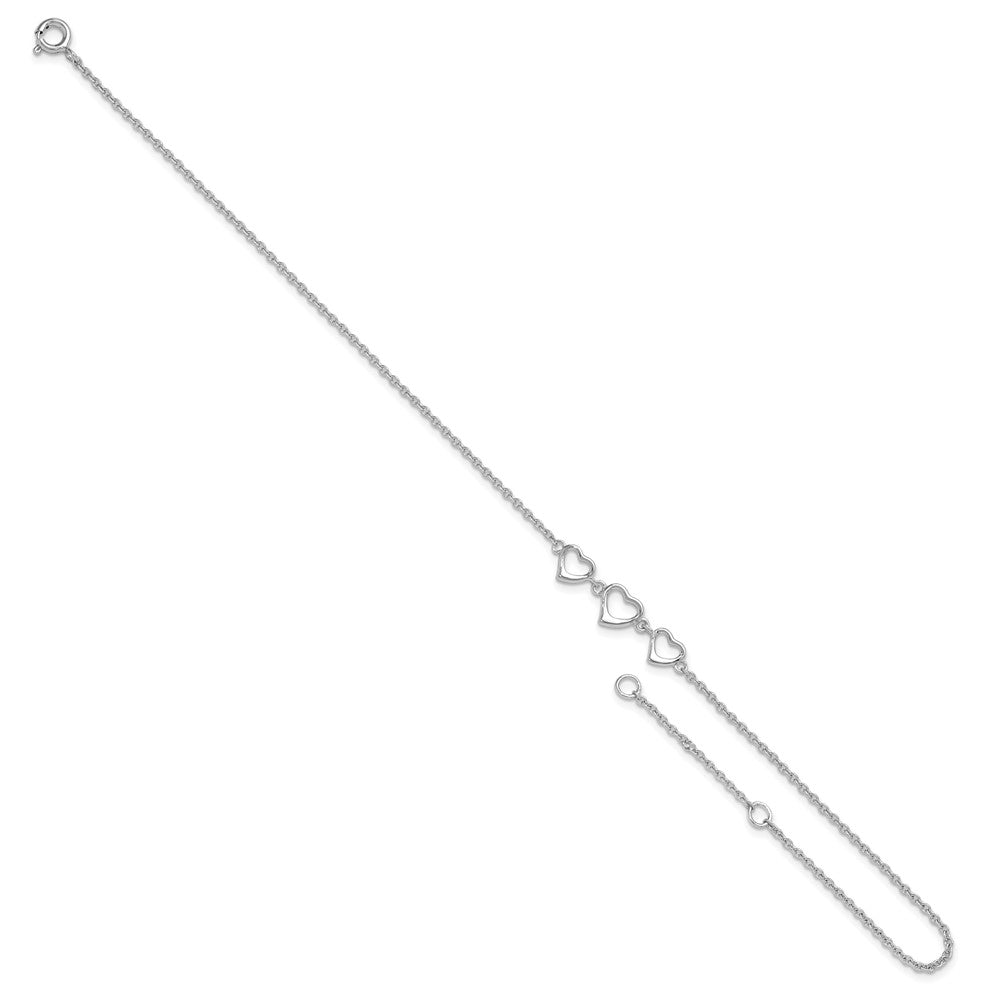 Sterling Silver Rhodium-plated 10 in Plus1 in ext Three Hearts Anklet