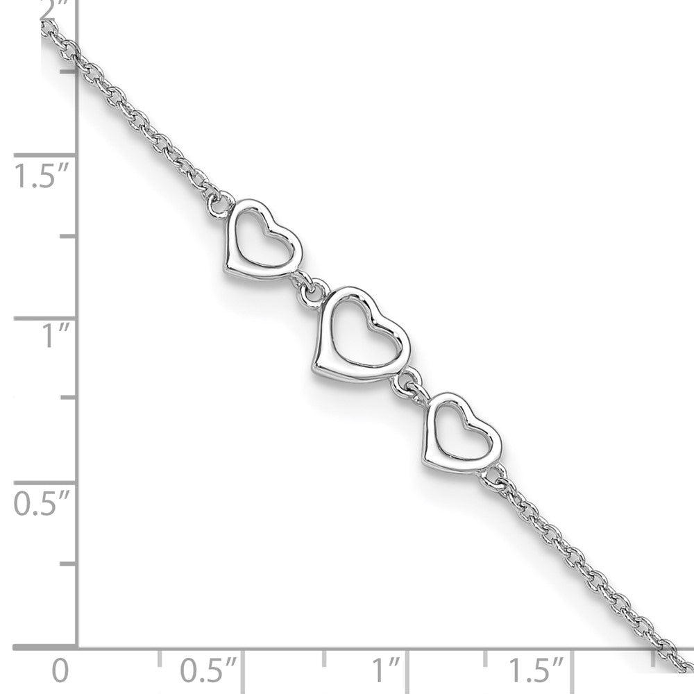 Sterling Silver Rhodium-plated 10 in Plus1 in ext Three Hearts Anklet