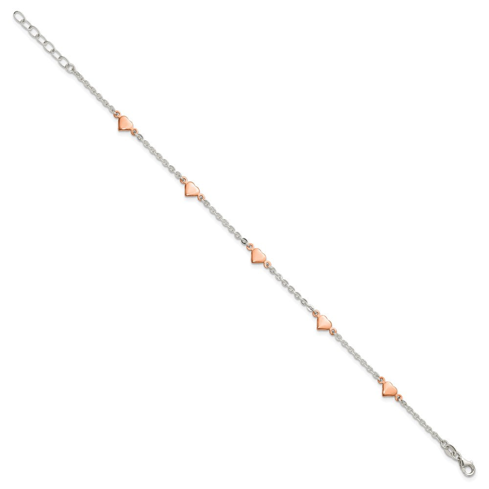 Sterling Silver and Rose-tone Polished Hearts 9in Plus 1in Ext Anklet