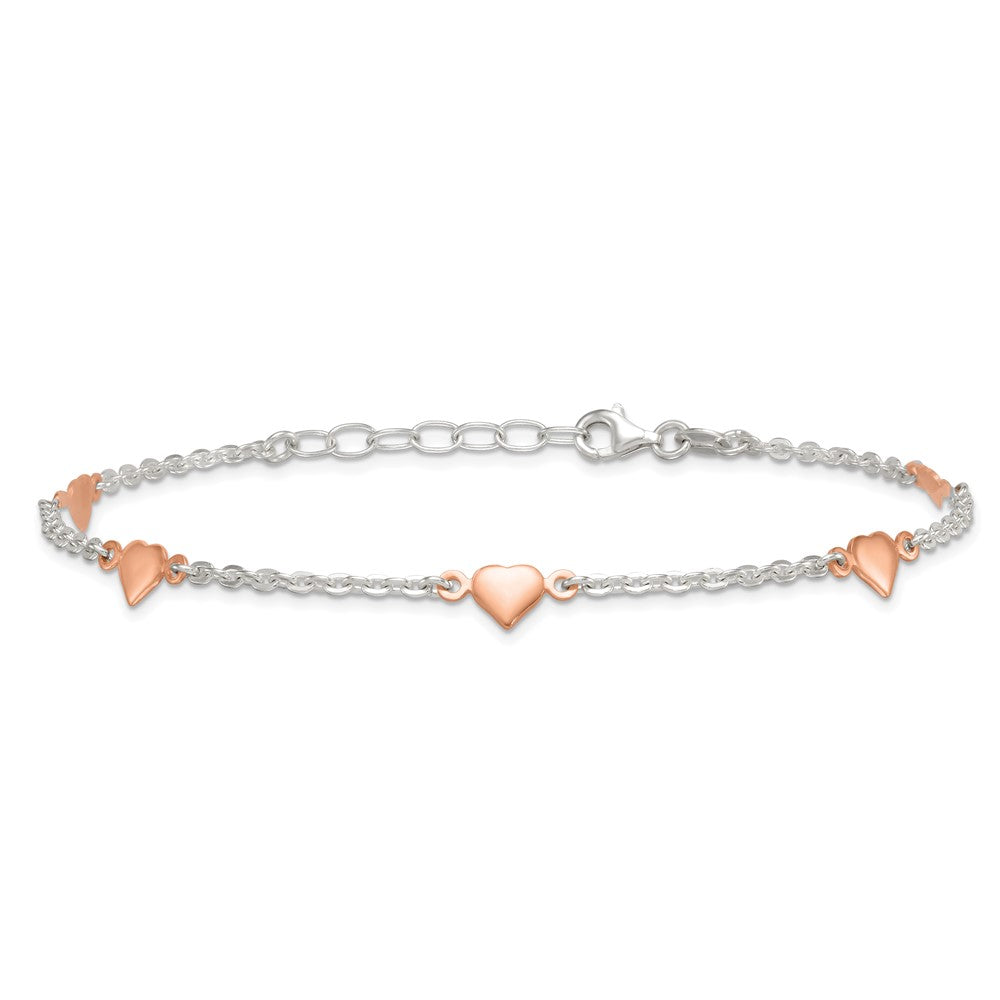 Sterling Silver and Rose-tone Polished Hearts 9in Plus 1in Ext Anklet