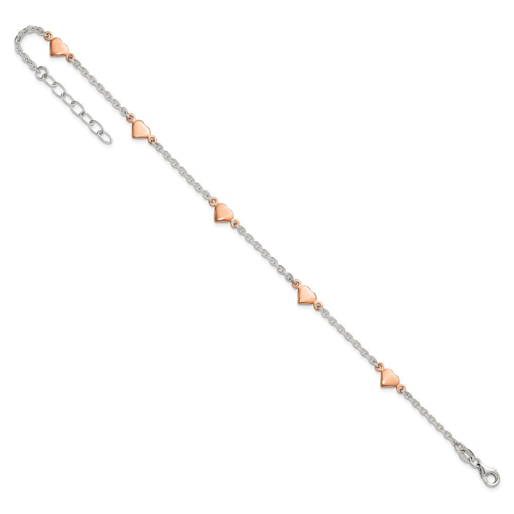 Sterling Silver and Rose-tone Polished Hearts 9in Plus 1in Ext Anklet