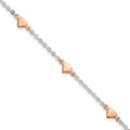 Sterling Silver and Rose-tone Polished Hearts 9in Plus 1in Ext Anklet