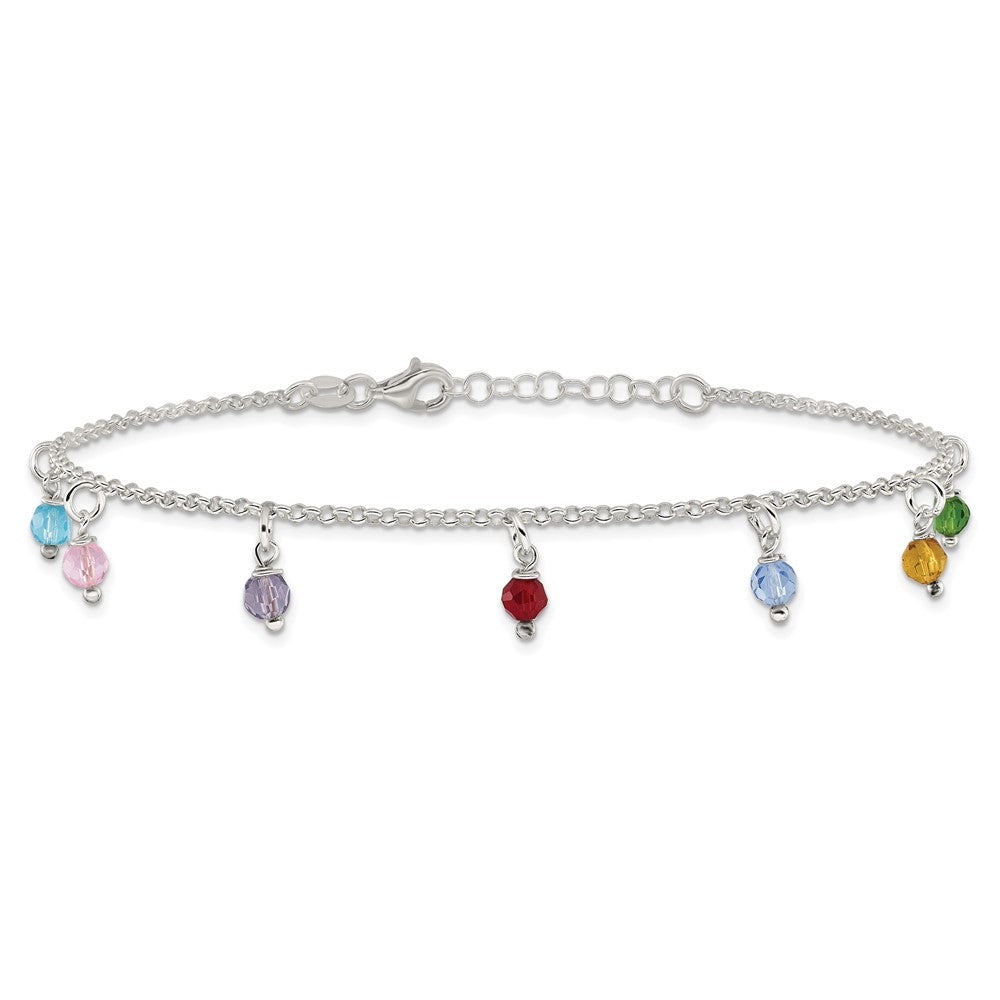 Sterling Silver Polished Multi-colored Beads Plus ext. Anklet