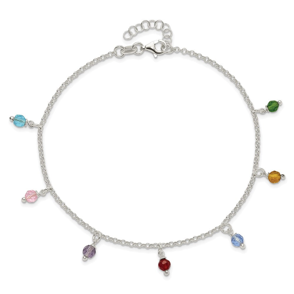 Sterling Silver Polished Multi-colored Beads Plus ext. Anklet