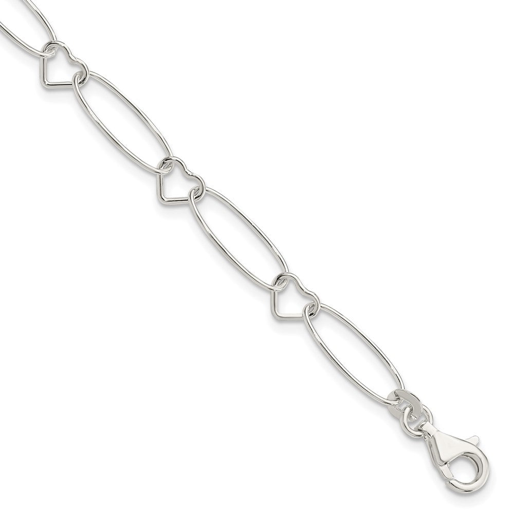 Sterling Silver Oval and Heart Link Bracelet