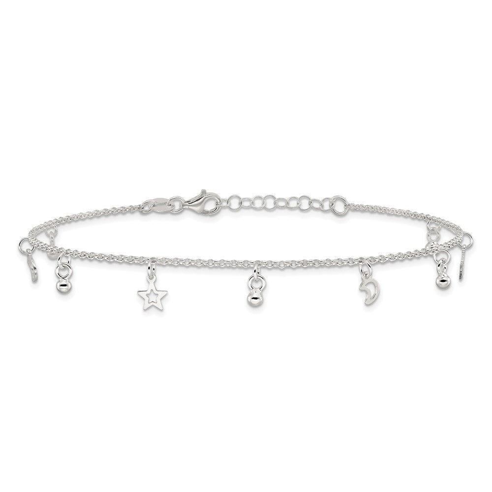 Sterling Silver Polished Bead Star and Moon 9in Plus 1in Ext. Anklet