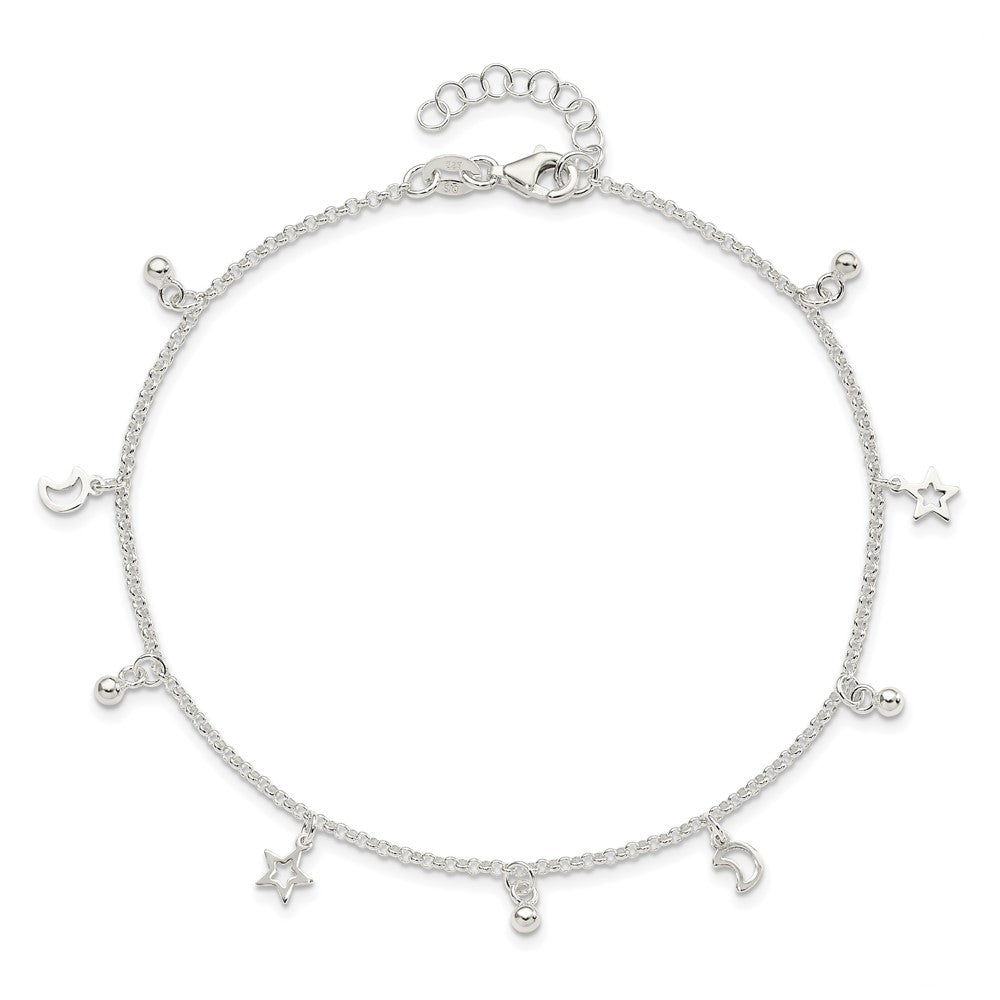 Sterling Silver Polished Bead Star and Moon 9in Plus 1in Ext. Anklet