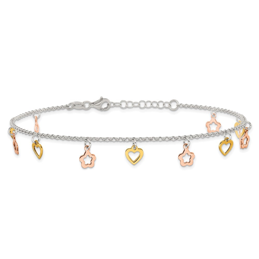 Sterling Silver Gold and Rose-tone Heart Flower 9in Plus 1in ext. Anklet